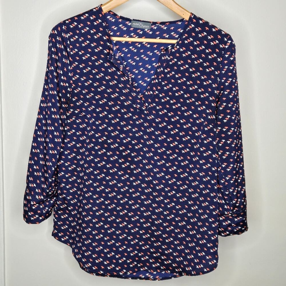 MAKET & Spruce Navy Blue Bird Printed Vneck Tunic Blouse Size Small